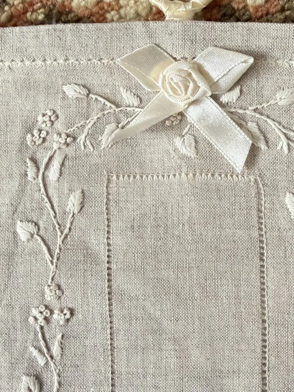 NEW Linen Europoean Toilet Paper Holder, Embroidered Flowers & Detail